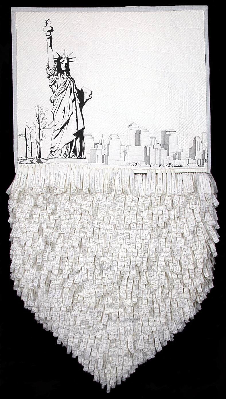 Remember Me, a quilt showing the Statue of Liberty against the lower Manhattan skyline above hundreds of hanging name strips